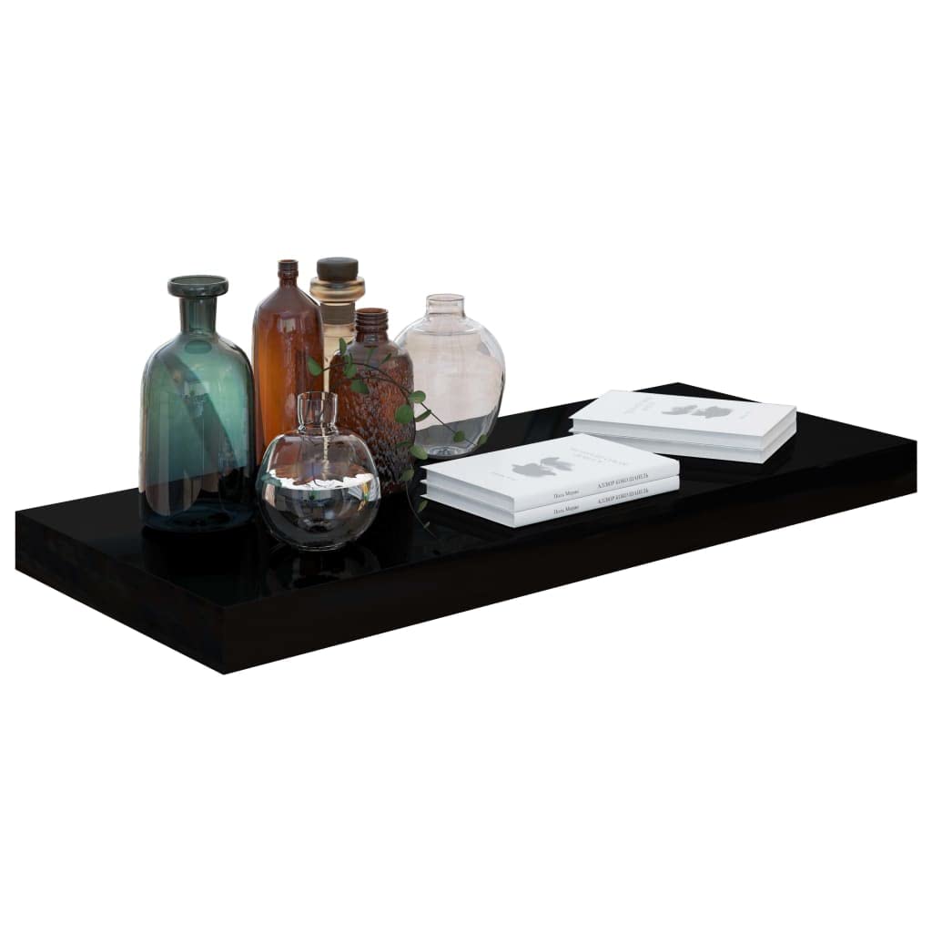 vidaXL Floating Wall Shelves, Set of 4, High Gloss Black, Honeycomb MDF and Metal Frame, Invisible Mounting System, Measurements 23.6&quot;x9.3&quot;x1.5&quot;