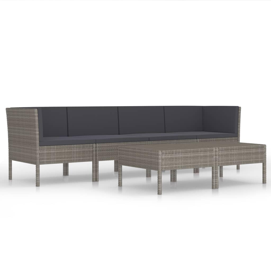 vidaXL 6 Piece Outdoor Patio Lounge Set, Comfortable Poly Rattan Furniture, Powder-Coated Steel Frame, Deep Seating with Cushions and Tea Table - Gray