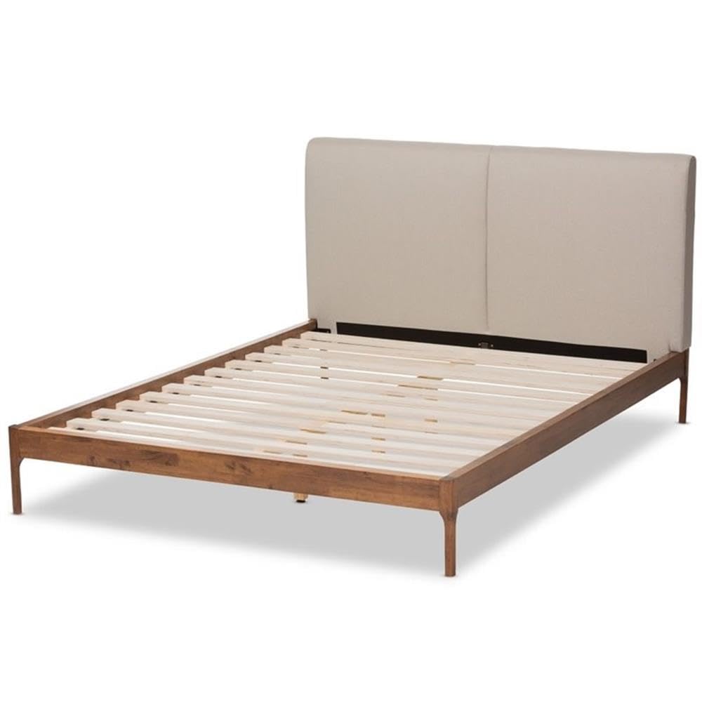 Baxton Studio Aveneil Mid-Century Modern Beige Fabric Upholstered Walnut Finished Full Size Platform Bed