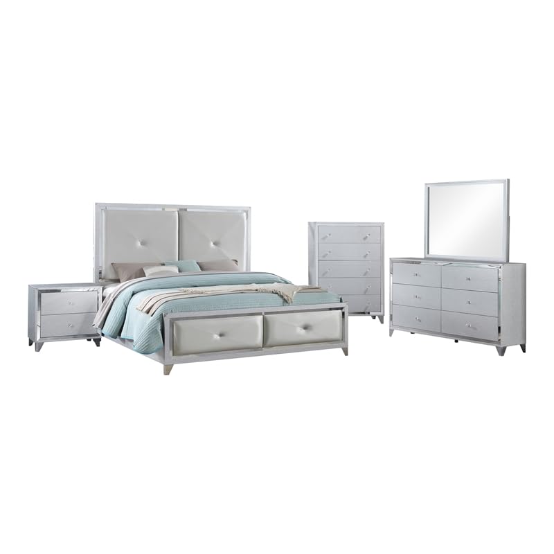 Coaster Home Furnishings Larue Contemporary 5-Piece Bedroom Set Leatherette Upholstered Eastern King Size Panel Bed Frame 63-Inch Headboard Silver 224491Ke-S5