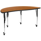Flash Furniture Mobile 60" Half Circle Wave Collaborative Oak Thermal Laminate Activity Table - Standard Height Adjustable Legs