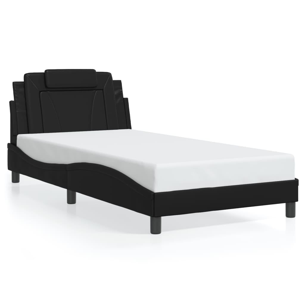 vidaXL Twin Bed Frame with Headboard - 39.4x74.8 Faux Leather, Black, Stylish Waved Design, Foam Cushion, Modern Bedroom Furniture, Easy-Clean