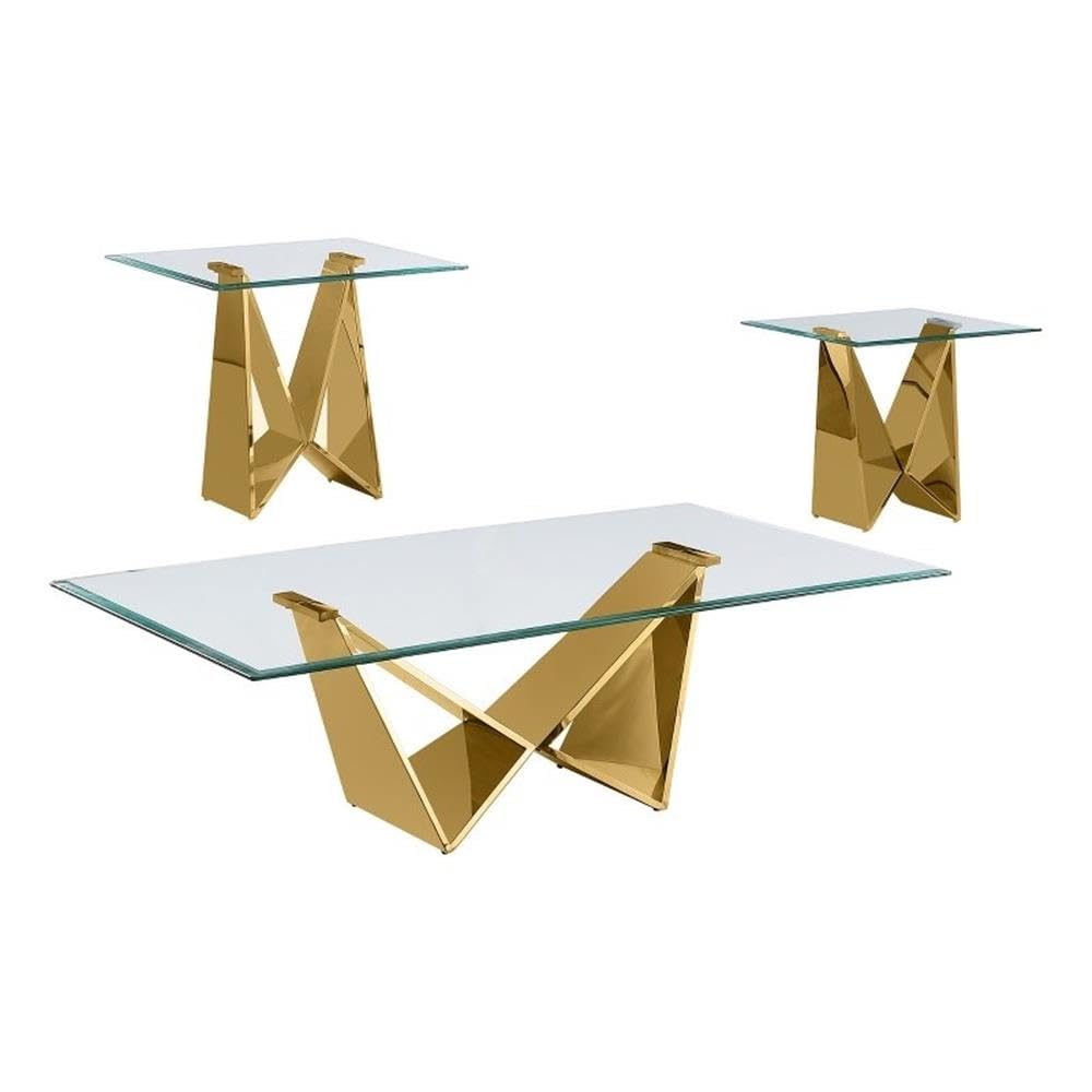 Best Quality Furniture Ct400-1-1 Coffee Table Set, Clear/Gold