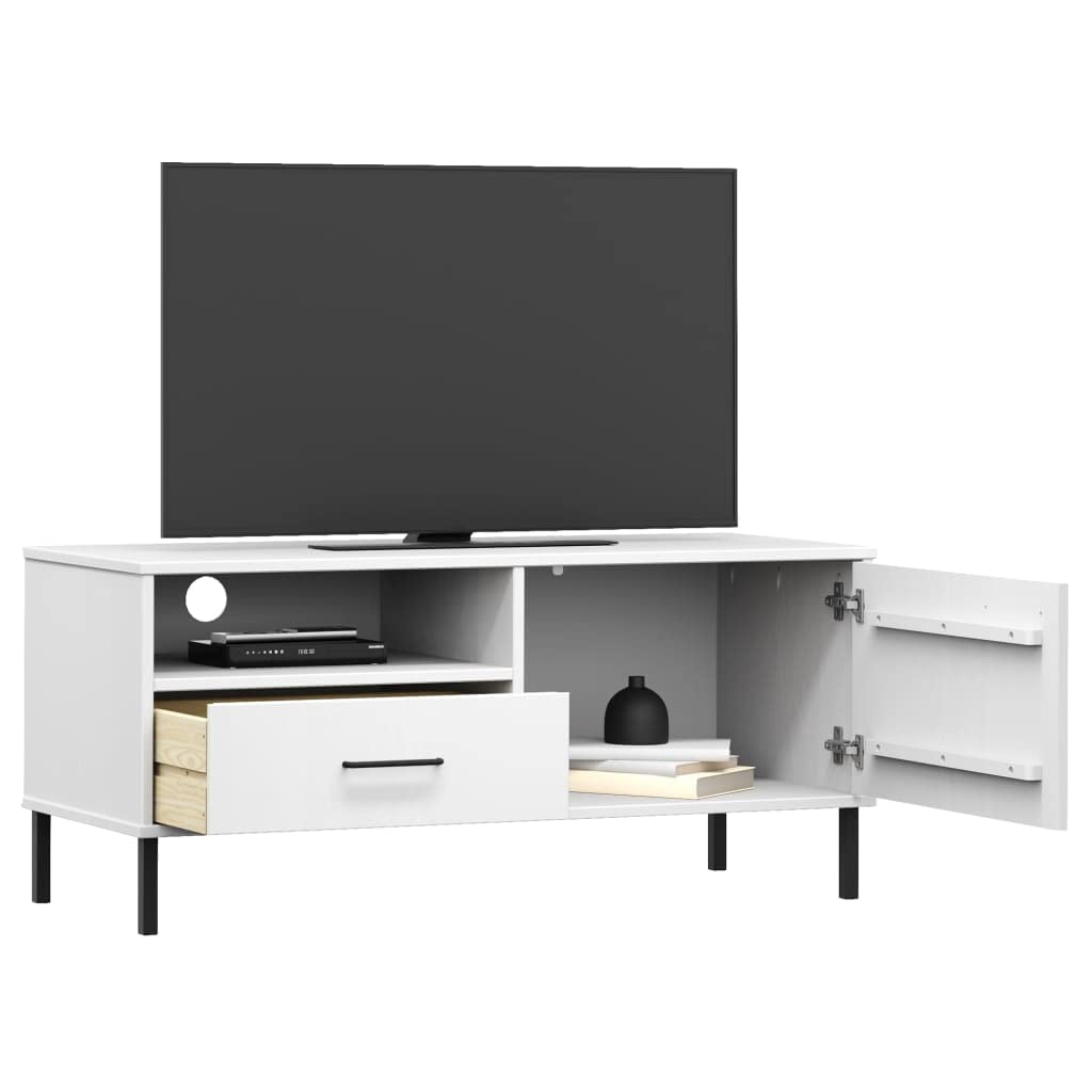 vidaXL Solid Pine Wood TV Stand with Metal Feet, White - Industrial-Style Media Storage Cabinet with Spacious Compartments and Drawer, Durable TV Unit for Home Living Room Furniture, Oslo Range