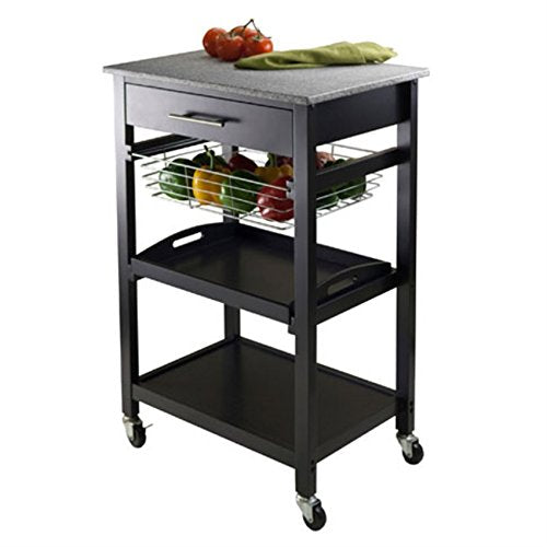Ergode Julia Kitchen Cart - Sleek & Modern Design, Granite Top, Metal Basket, Removable Tray, Casters, Ample Storage, Black Finish. Dimensions: 22.6" W x 16" D x 34.1" H. (20322-VV)
