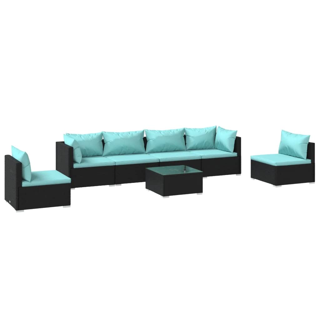 vidaXL Poly Rattan Black Patio Lounge Set with Water-Blue Cushions - 7 Piece Outdoor Garden Sofa Set with Tempered Glass Coffee Table and Modular Design