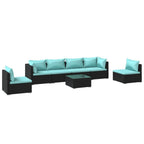 vidaXL Poly Rattan Black Patio Lounge Set with Water-Blue Cushions - 7 Piece Outdoor Garden Sofa Set with Tempered Glass Coffee Table and Modular Design