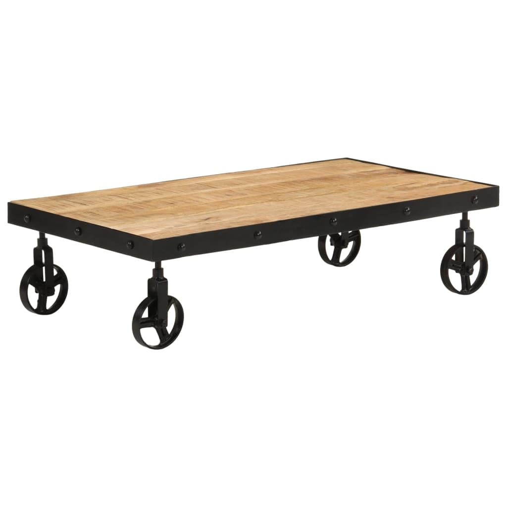 vidaXL Solid Mango Wood Coffee Table with Wheels - Industrial Style Accent Furniture for Living Room/Lounge - Brown Light Mango 