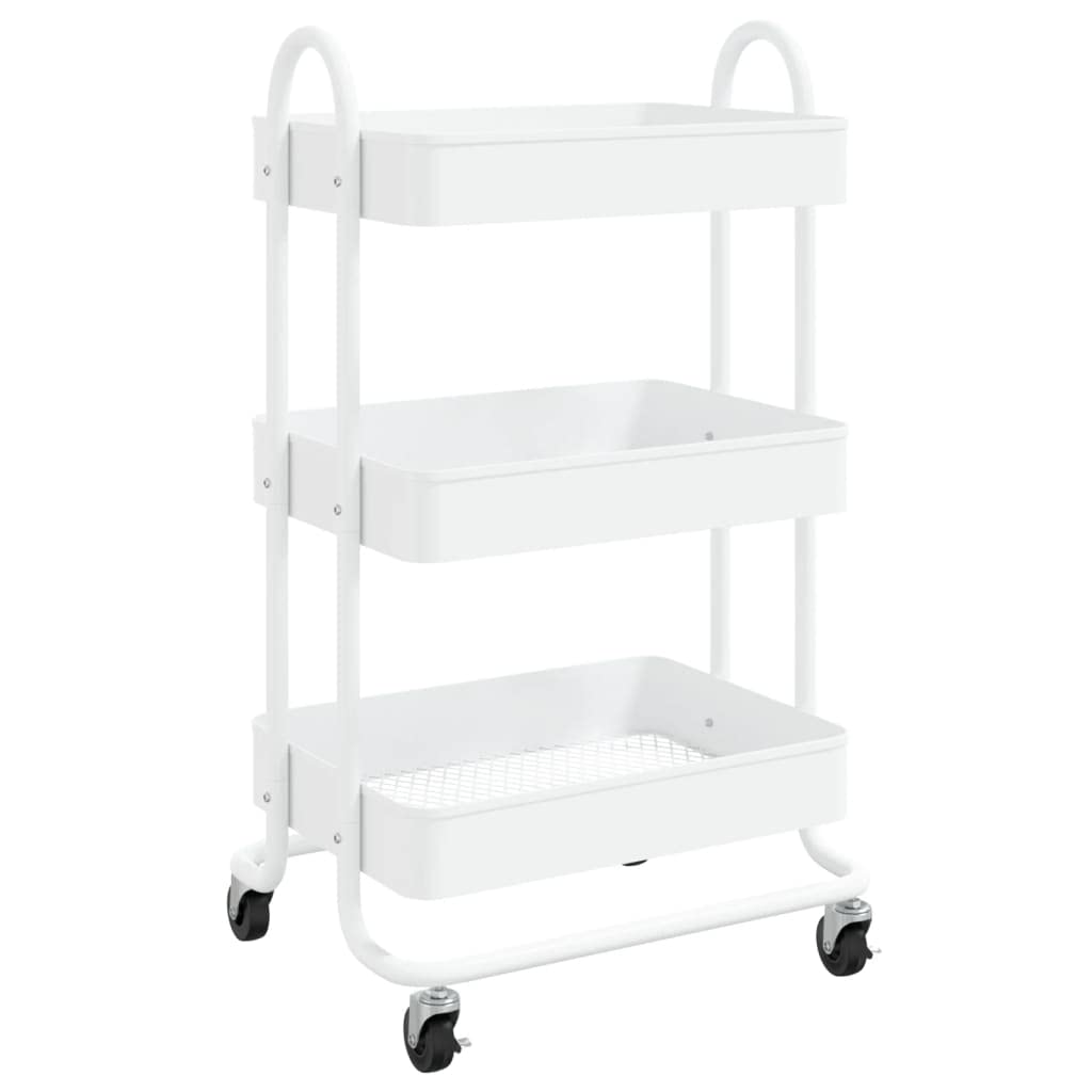 vidaXL 3-Tier Steel Trolley in White - Ample Storage Space, Flexible Wheels for Easy Movement, Ideal for Office, Beauty Supplies, and Kitchen Essentials