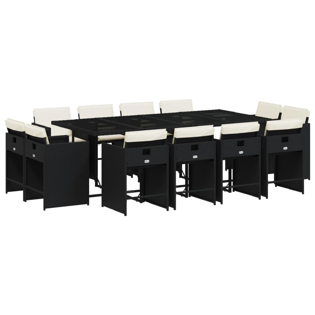 vidaXL Patio Dining Set Black Poly Rattan 13 Piece with Cushions - Compact Storage, Sturdy Glass Top, Comfortable Cushions