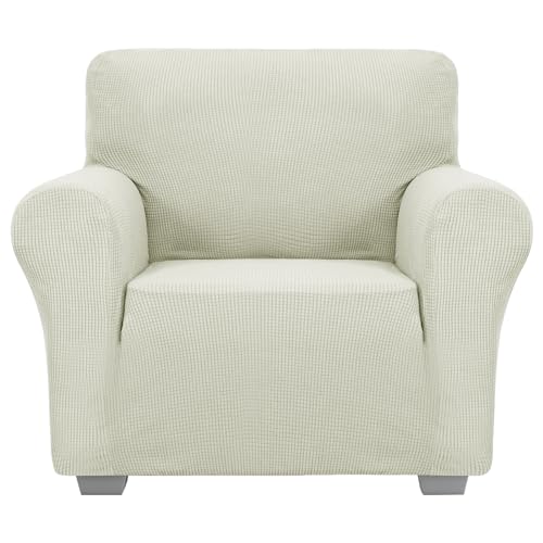 Jiviner Super Stretch Chair Sofa Slipcovers 1-Piece Jacquard Chair Covers For Living Room Soft Anti Slip 1 Seater Couch Furniture Protector Small Checks For Kids Pets (Chair, Natural)