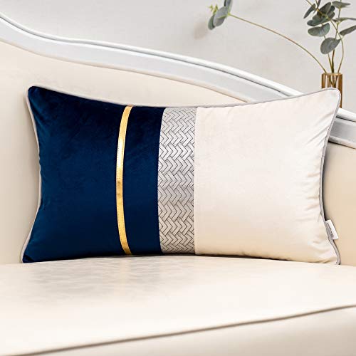 Yangest Navy Blue Patchwork Velvet Lumbar Pillow Cover With Gold Striped Leather Cushion Case Modern Luxury Pillowcase For Sofa