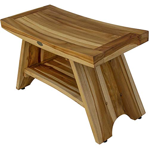 HomeRoots Rectangular Teak Shower Stool Or Bench with Shelf in Natural Finish