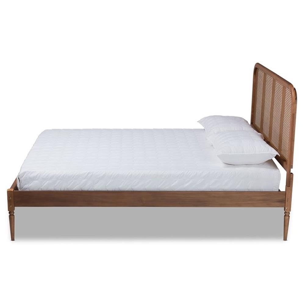 Baxton Studio Elston Mid-Century Modern Walnut Brown Finished Wood and Synthetic Rattan Queen Size Platform Bed