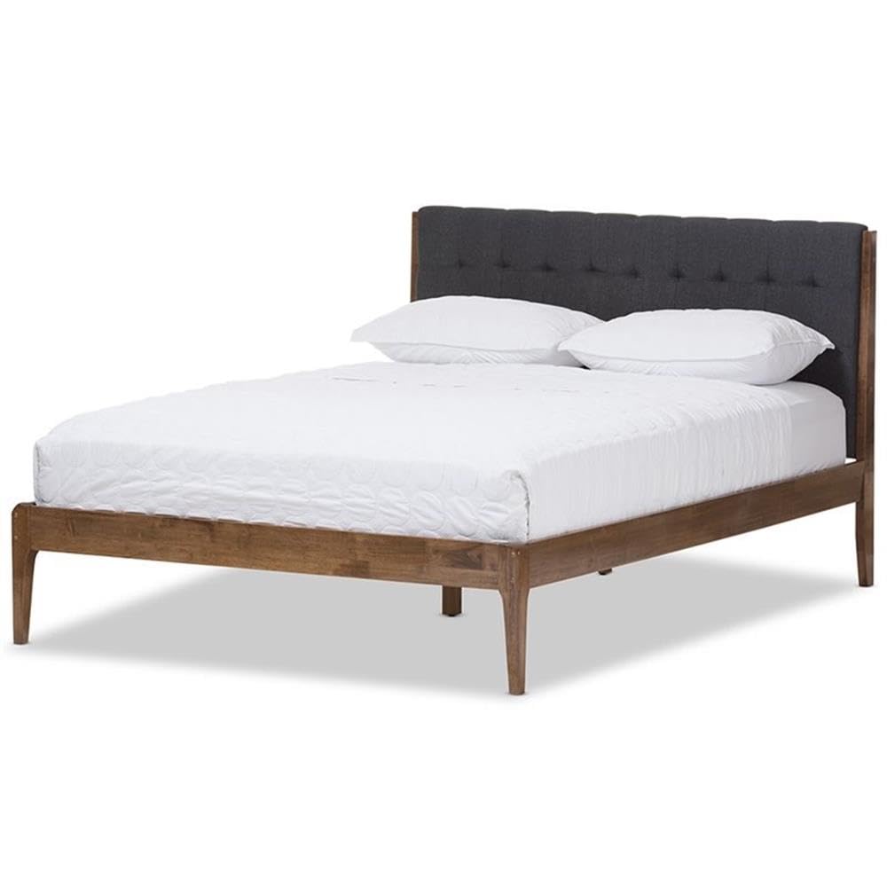 Baxton Studio Clifford Mid-Century Dark Grey Fabric and Medium Brown Finish Wood Queen Size Platform Bed