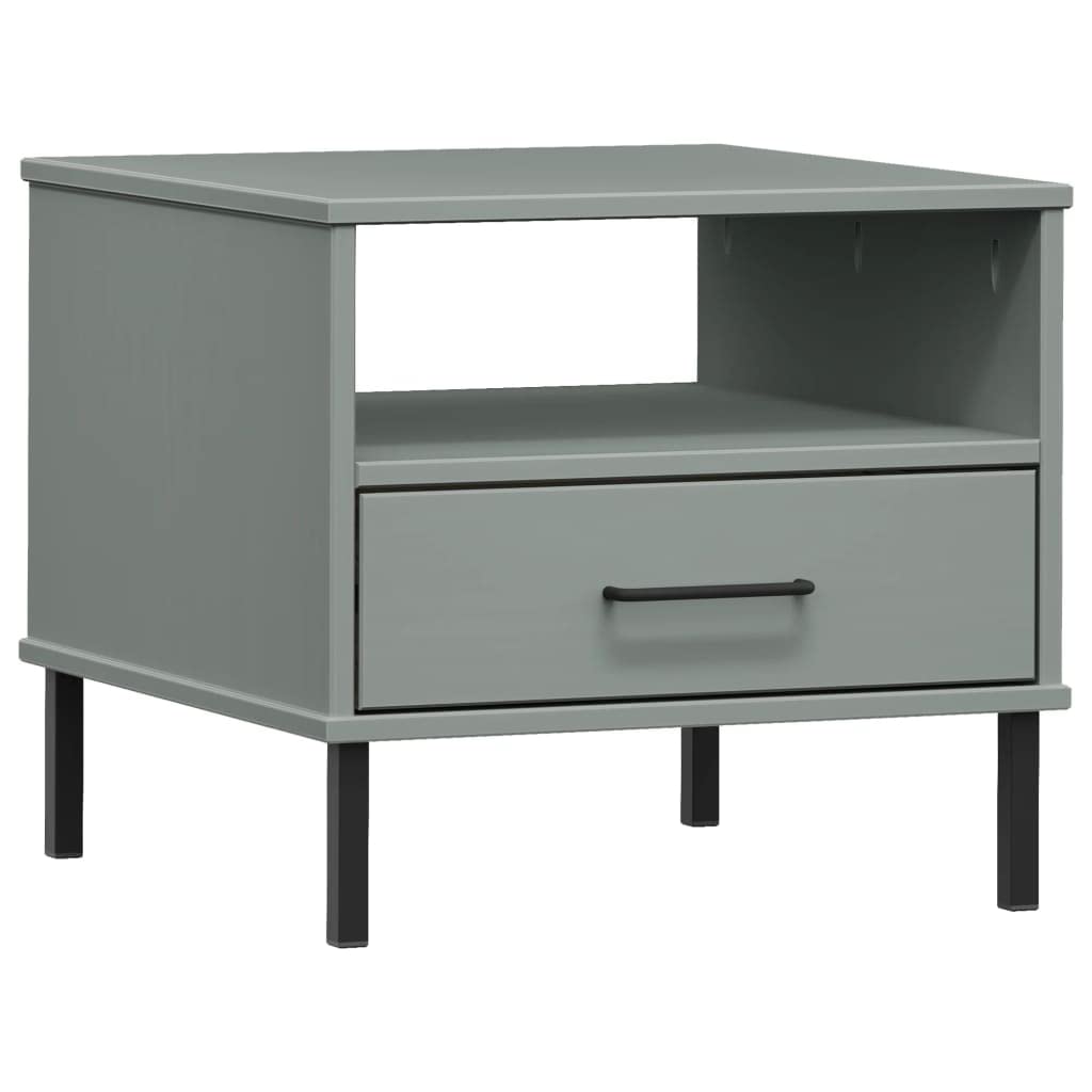 vidaXL Oslo Gray Bedside Table - Solid Pine Wood Nightstand with Metal Legs and Drawer - Compact, Sturdy, Easy to Assemble, Ideal for Bedroom Decor and Storage