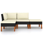 vidaXL Patio Lounge Set, 4-Piece, Poly Rattan, Black, with Cushions - Weather Resistant Garden Sofa and Footrests with Eucalyptus Wood Legs
