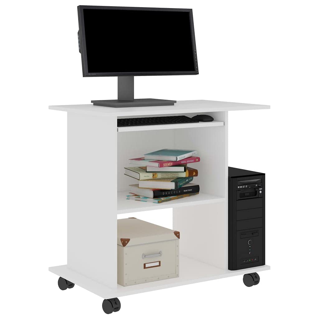 vidaXL White Engineered Wood Computer Desk with Pull-Out Keyboard Tray, Mobile Workstation for Home or Office, with Additional Shelves and Elegant Modern Design