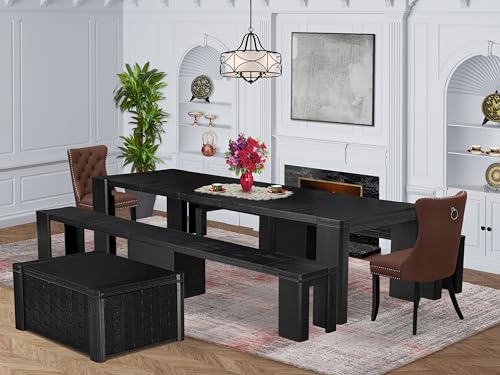 Luxe by East West Furniture - X02DA-2C6-26 - 6-piece Dining Table Set a Dining Table with a coffee table and 2 wooden Benches and 2 Burgundy Faux Leather Kitchen Chair, 39x120 Inch, Wire Brushed Black