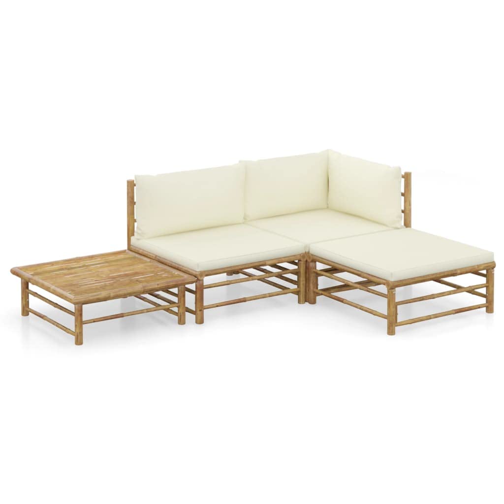 vidaXL Patio Lounge Set 4 Piece, Patio Furniture Set for Outdoor, Sectional Sofa with Cream White Cushions, Coffee Table, Scandinavian Style, Bamboo