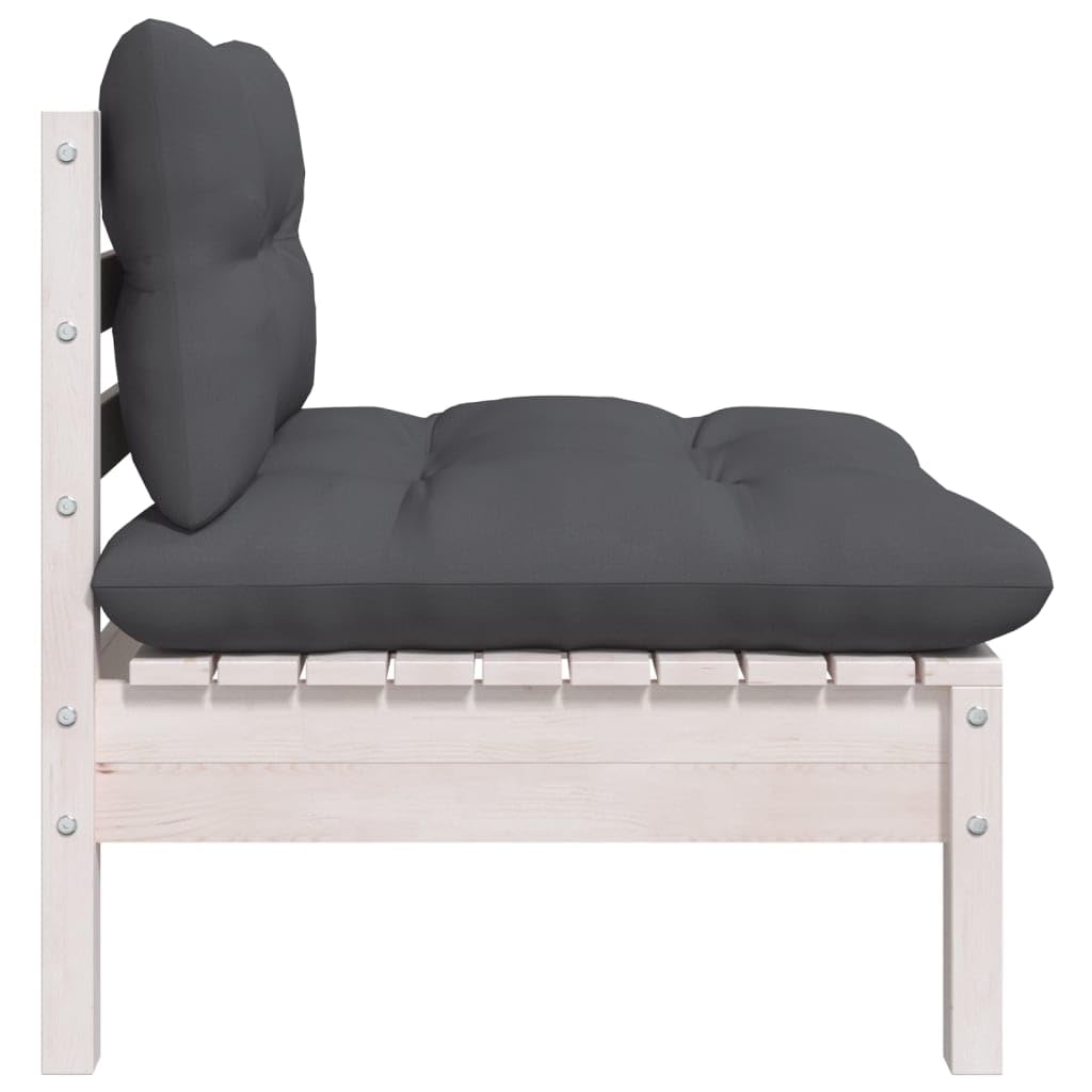 vidaXL Solid Pinewood Patio Middle Sofa - Modular Outdoor Lounge Furniture with Cushions - White and Anthracite