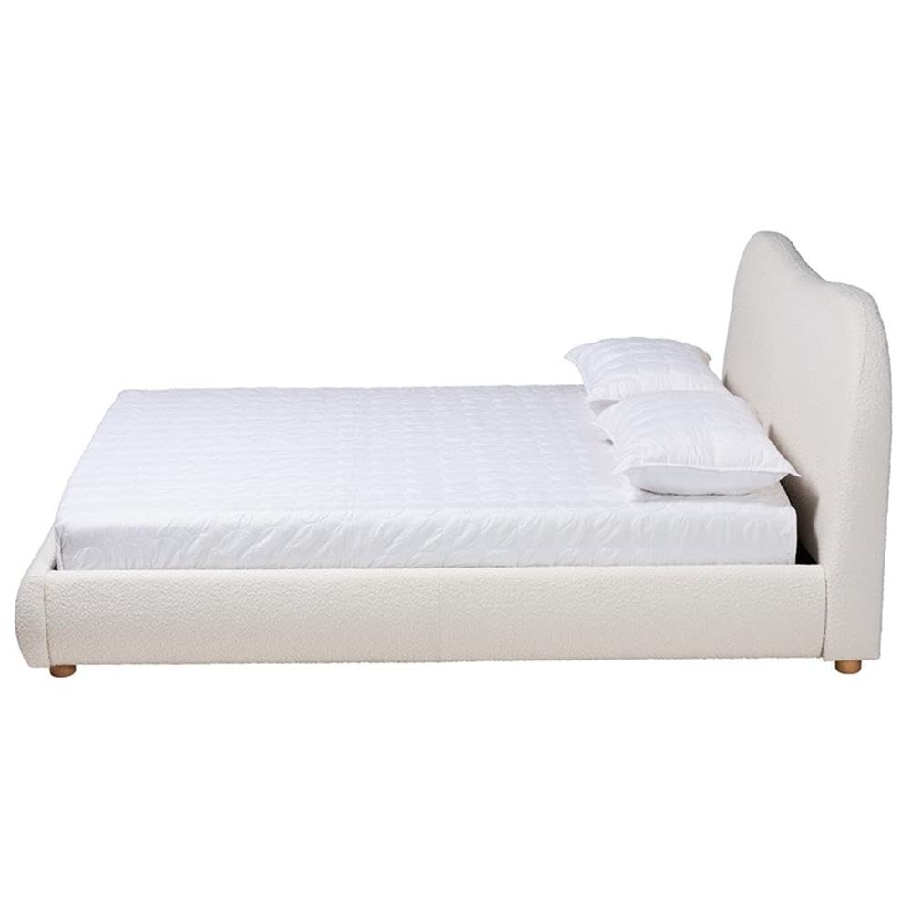 Baxton Studio Maya Mid-Century Modern Cream Boucle Fabric And Oak Brown Finished Wood Queen Size Platform Bed