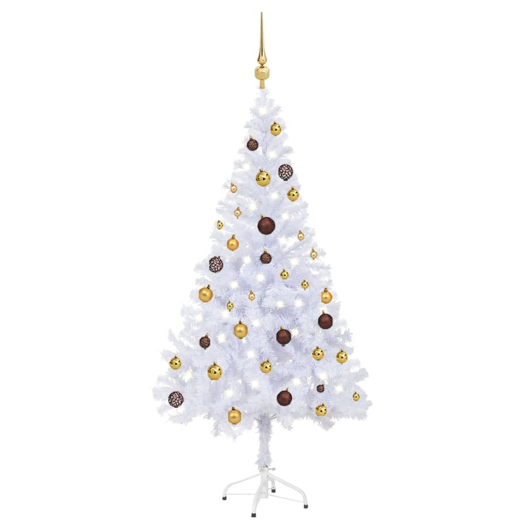 vidaXL White Artificial Christmas Tree with Gold and Bronze Balls, LED Lights - 380 Dense PVC Branches, 59.1&quot;, Easy Assembly