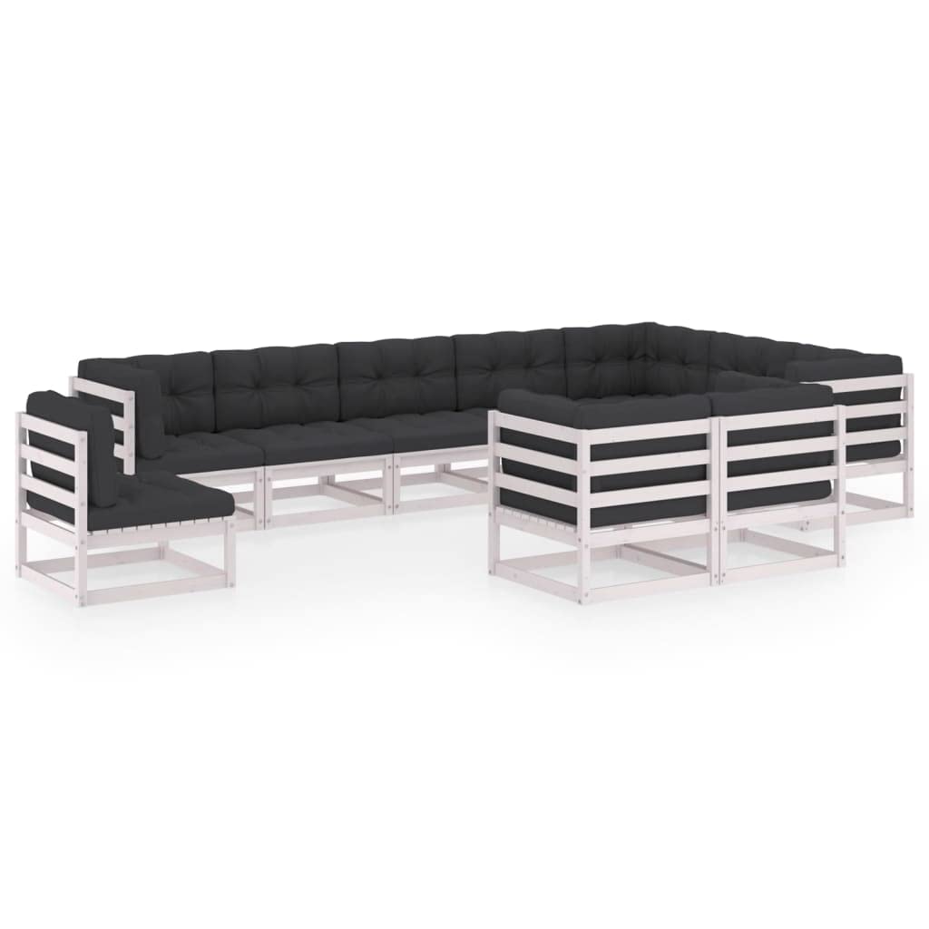 vidaXL Solid Pinewood Patio Lounge Set with Cushions 10 Piece Wooden Lounge Set Garden Outdoor Sofa Seat Sitting Lounger Furniture White