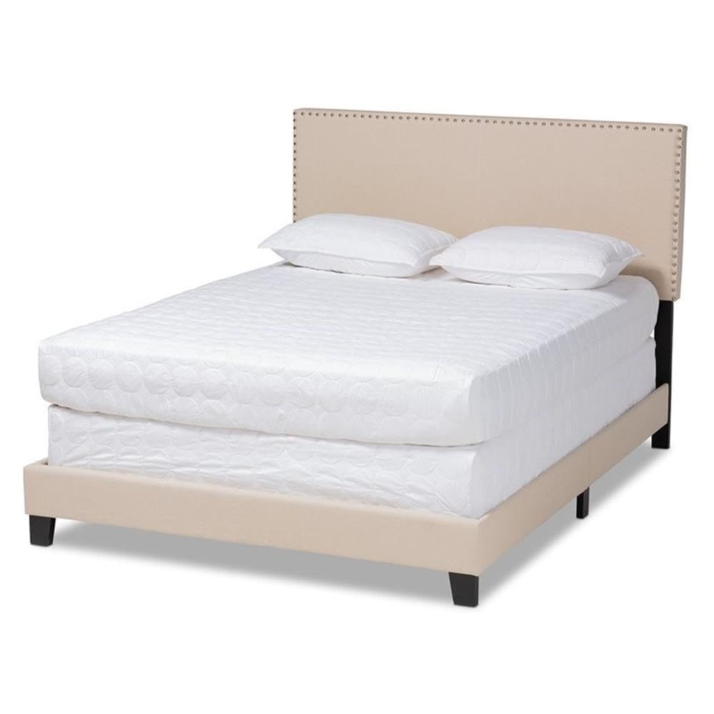 Baxton Studio Ramon Full Size Beige Linen Panel Bed with Nailhead Trim