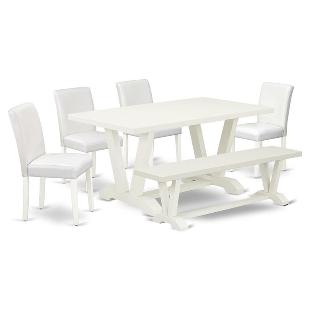 East West Furniture V-Style 6 Piece Room Set Contains A Rectangle Dining Table With V-Legs And 4 White Faux Leather Upholstered Chairs With A Bench, 36X60 Inch, V026Ab264-6