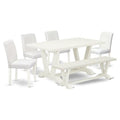 East West Furniture V-Style 6 Piece Room Set Contains A Rectangle Dining Table With V-Legs And 4 White Faux Leather Upholstered Chairs With A Bench, 36X60 Inch, V026Ab264-6