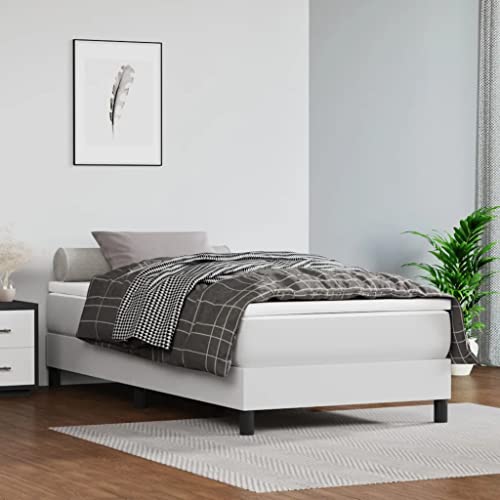 vidaXL Box Spring Bed with Mattress Home Bedroom Mattress Pad Single Bed Frame Base Foam Topper Furniture White 39.4&quot;x74.8&quot; Twin Faux Leather
