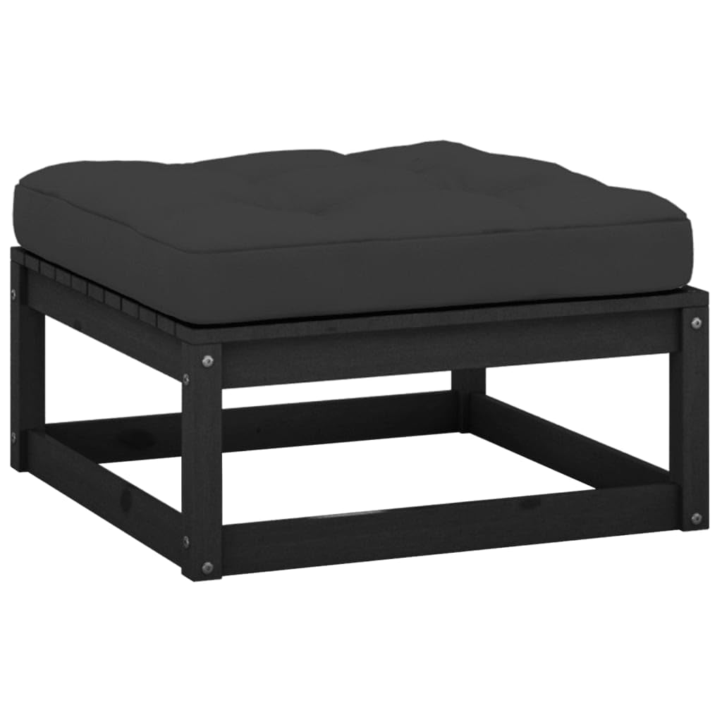 vidaXL Patio Footstool with Cushion Black Solid Pinewood