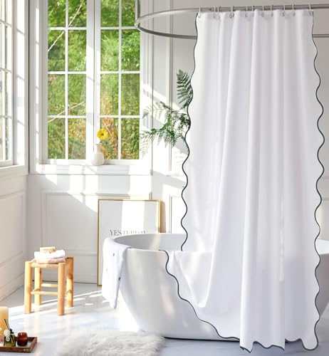 Youngseahome White Fabric With Grey Scalloped Border Shower Curtain,Boho Chic Cloth Shower Curtain For Bathroom Showers,72 X 96 Inches