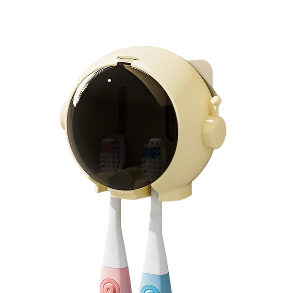 WallMounted Toothbrush Holder with Cover, Astronaut Style, Yellow, Holds 2 Brushes