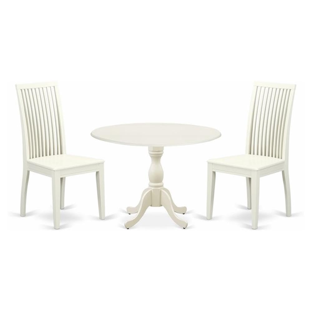 East West Furniture DMIP3-LWH-W 3 Piece Kitchen Table & Chairs Set Contains a Round Dining Table with Dropleaf and 2 Dining Room
