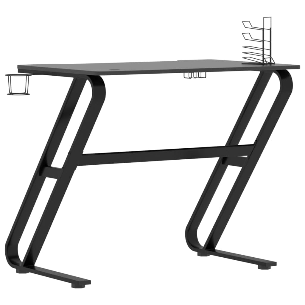 vidaXL Black Gaming Desk - Ergonomic Home Office Computer Table with Z-Shaped Legs, Controller/Headphone Racks, Cup Holder