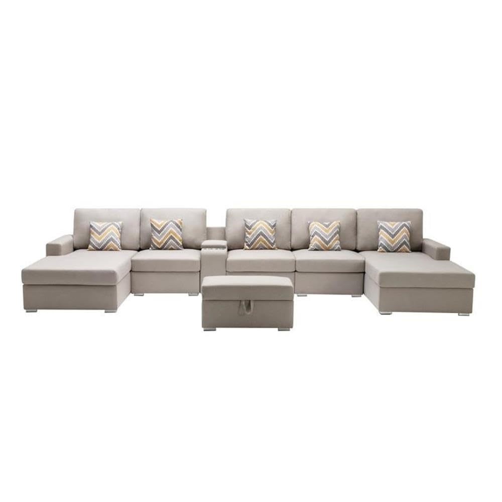 Lilola Home Nolan Beige Linen Fabric 7Pc Double Chaise Sectional Sofa with Interchangeable Legs, Storage Ottoman, Pillows, and a USB, Charging Ports, Cupholders, Storage Console Table