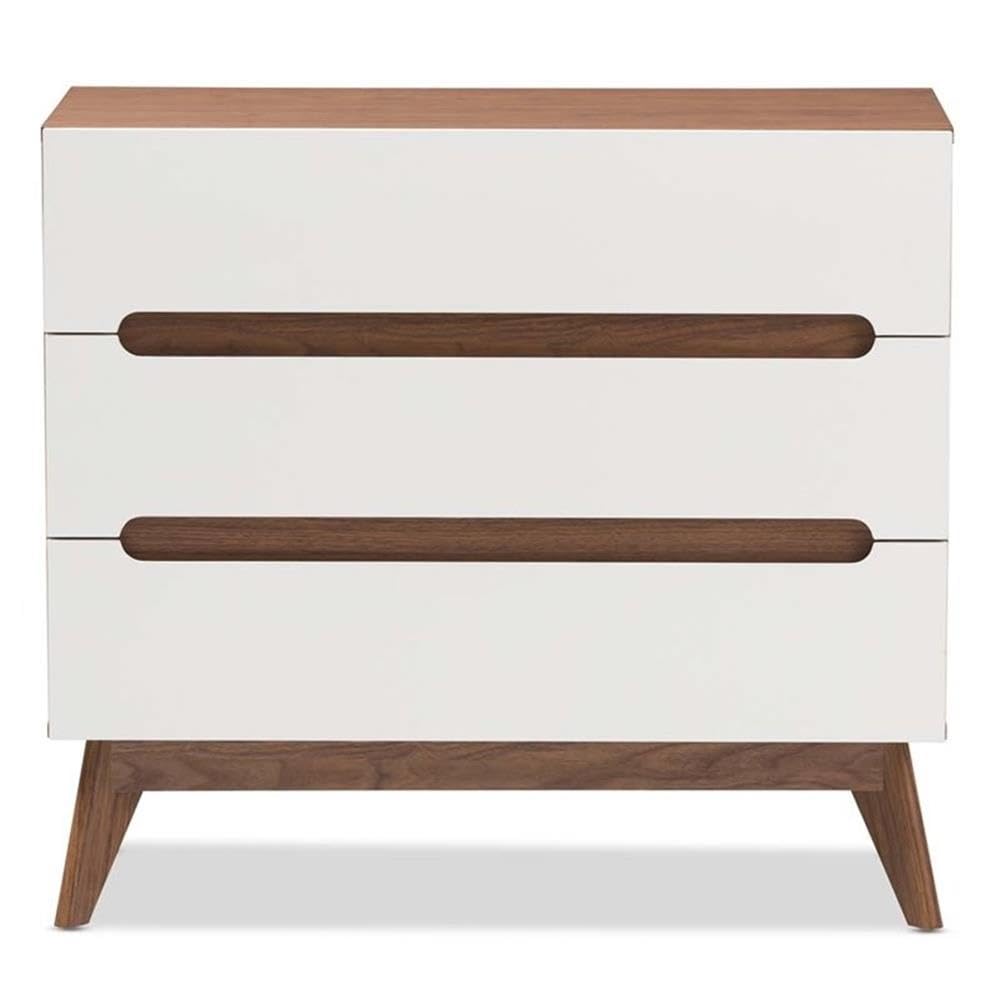 Baxton Studio Calypso Mid-Century Modern White and Walnut Wood 3-Drawer Storage Chest/Mid-Century/Particle Board/MDF with PU Paper/White/Walnut Brown