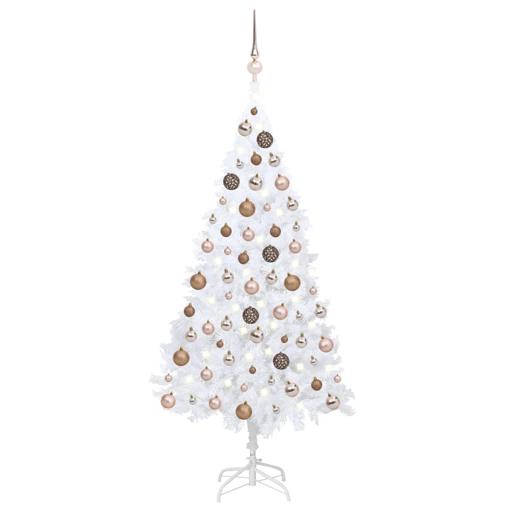 Vidaxl Pvc Artificial Pre-Lit Christmas Tree - White 47.2&quot; Tree With Led Lights And Ornamental Ball Set In Shiny, Matt, And Glitter Rose Gold