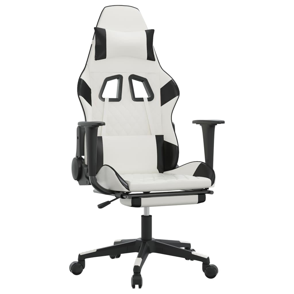 vidaXL Massage Gaming Chair for Adult, Reclining Computer Chair with Footrest and Headrest, Height Adjustable Office Chair with 360°-Swivel Castors, White and Black Faux Leather