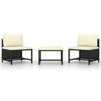 vidaXL 3-Piece Black Patio Sofa Set with Cream White Cushions - Poly Rattan Outdoor Lounge Set with Easy-to-Clean Polyester Covers.