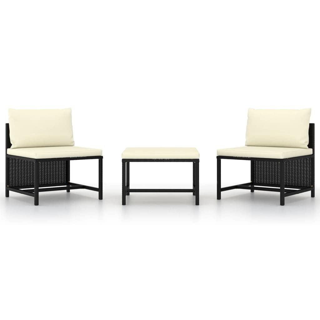 vidaXL 3-Piece Black Patio Sofa Set with Cream White Cushions - Poly Rattan Outdoor Lounge Set with Easy-to-Clean Polyester Covers.