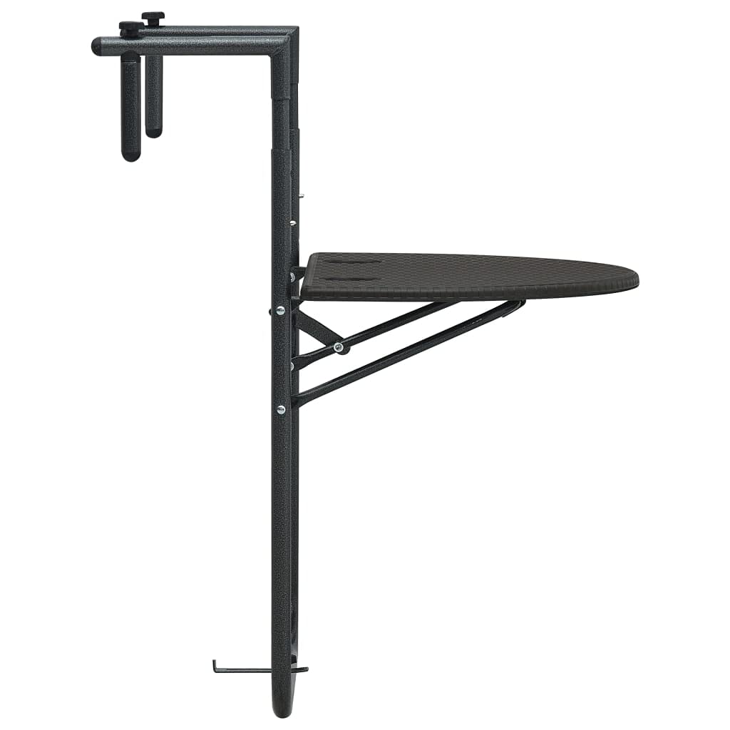 vidaXL Hanging Balcony Table with Adjustable Height - Durable Plastic Design with Steel Frame - Foldable for Space-Saving - Weather Resistant - Brown Rattan Look