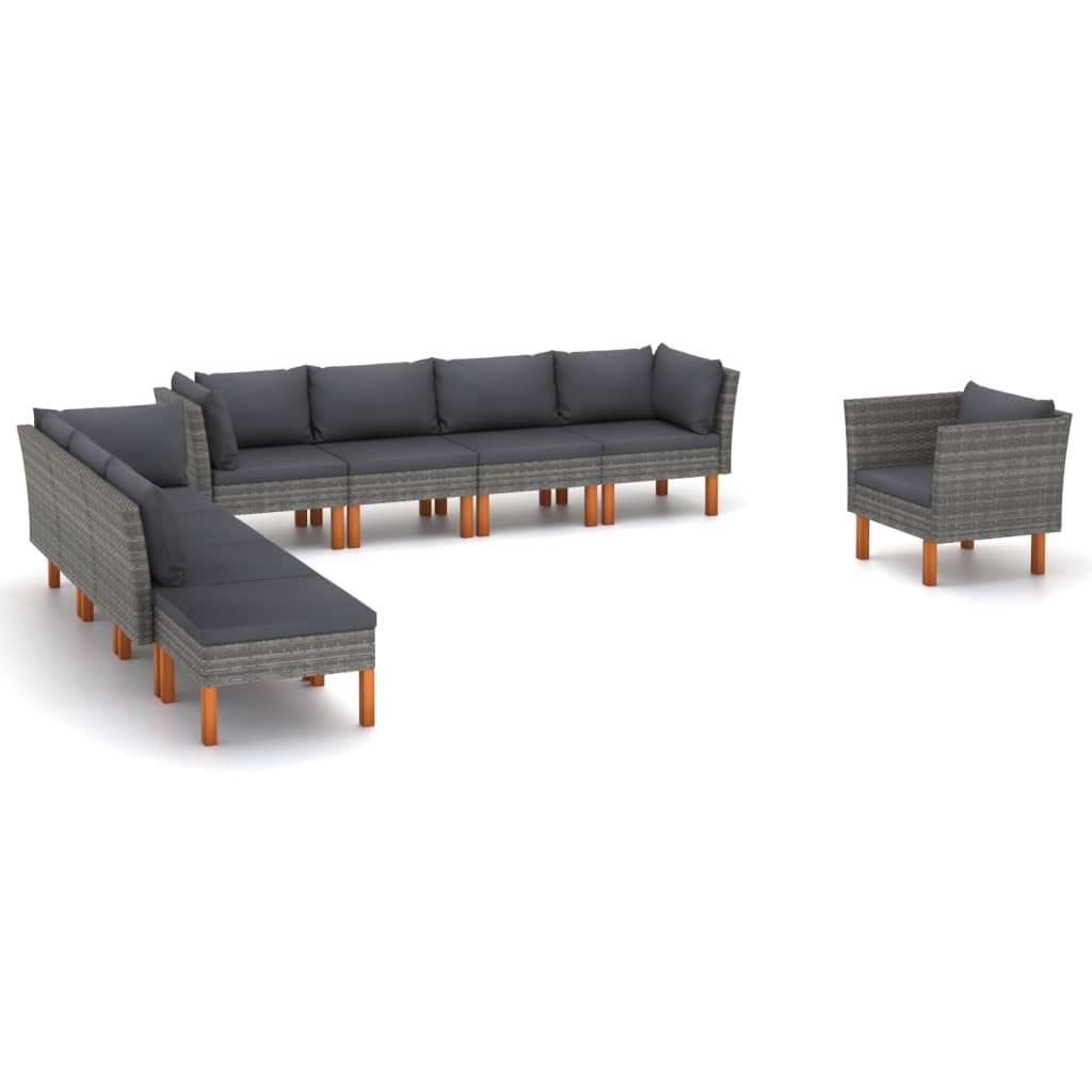 vidaXL Outdoor Patio Lounge Set of 9 - PE Rattan, Powder-Coated Steel and Eucalyptus Wood, with Removable Cushions - Gray/Anthracite
