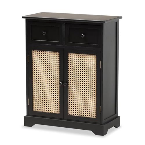 Baxton Studio Dacey Mid-Century Modern Transitional Espresso Brown Finished Wood and Rattan 2-Drawer Storage Cabinet