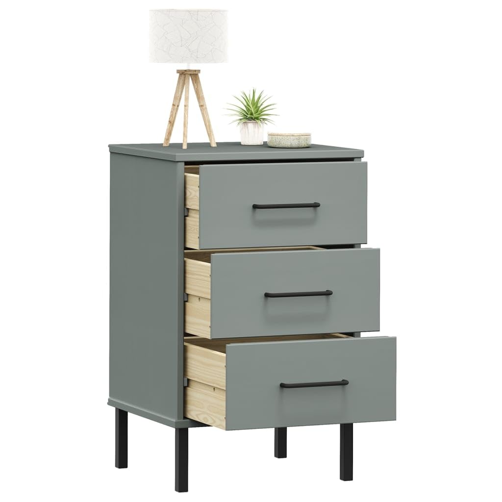 vidaXL Oslo Solid Pine Wood Bedside Cabinet with 3 Drawers and Metal Legs – Gray Finish | Sturdy and Durable Bedroom Furniture | Ample Storage Space
