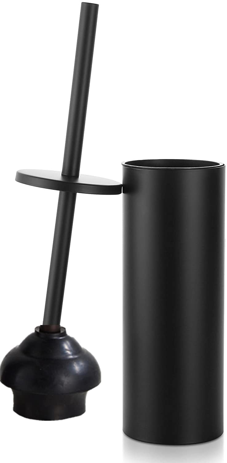 Black Toilet Plunger with Holder Bathroom Metal Canister Holder Drip Cup, Heavy Duty, Deep Cleaning