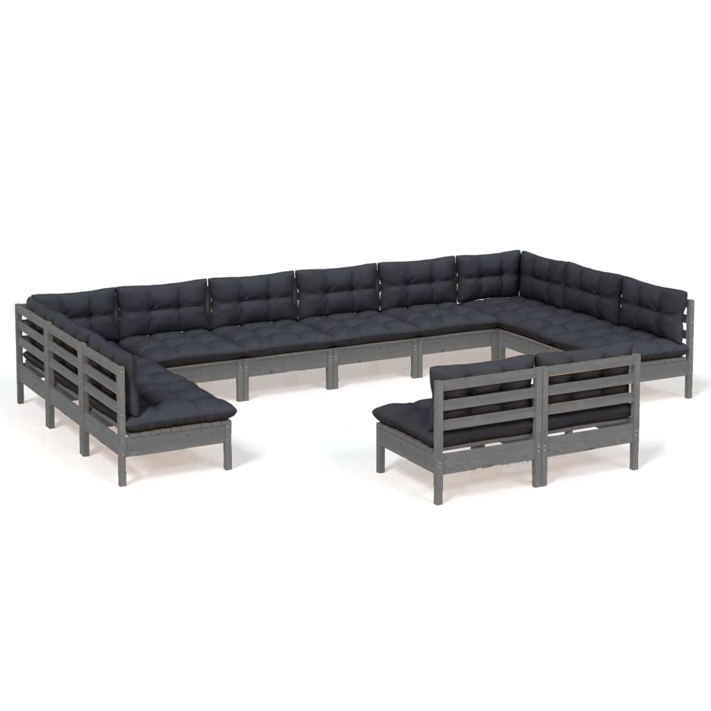 vidaXL Solid Pinewood Patio Lounge Set 12 Piece with Cushions Garden Outdoor Lawn Yard Terrace Balcony Wooden Seat Seating Furniture Gray