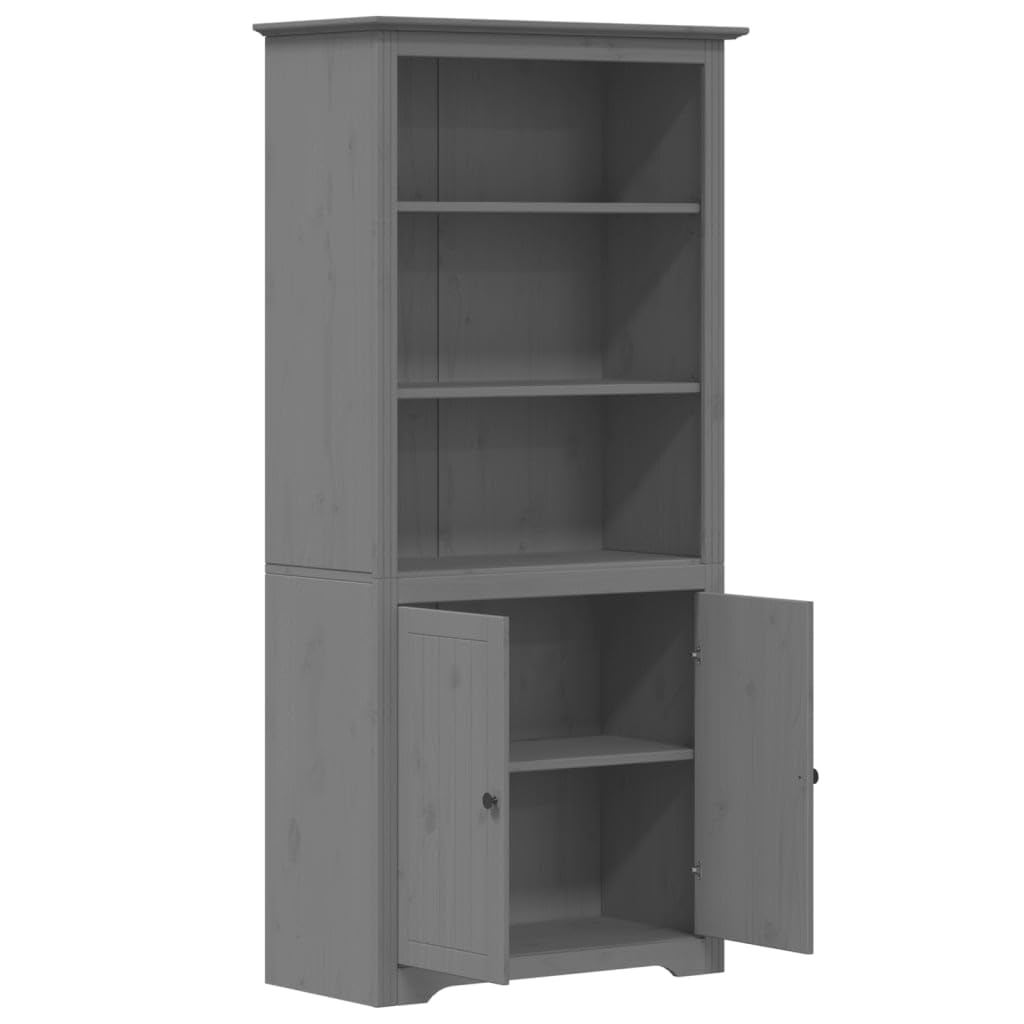 Vidaxl Bodo Solid Pinewood Bookcase - Grey Freestanding Bookshelf With Doors - French Style - 3 Open Shelves & 2 Close Compartments - 32.3' X 15.7' X 68.1'